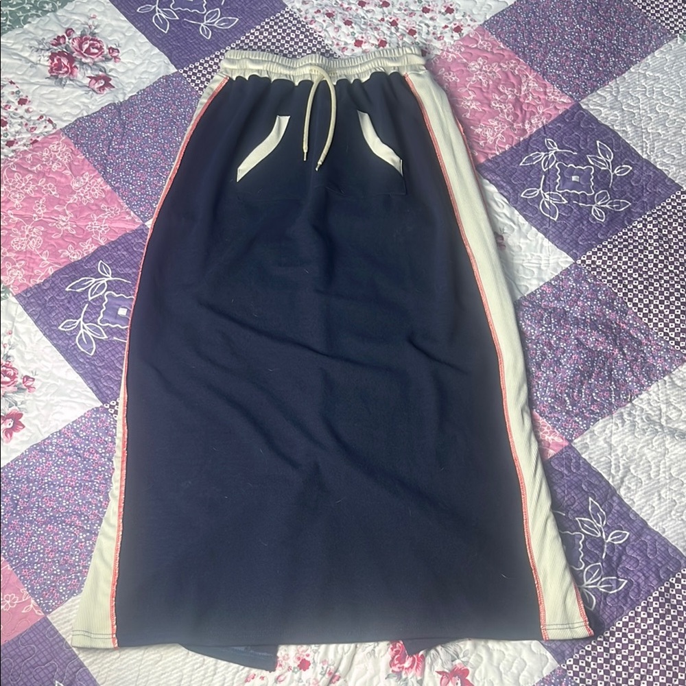 Navy and Cream Maxi Skirt with Red Trim